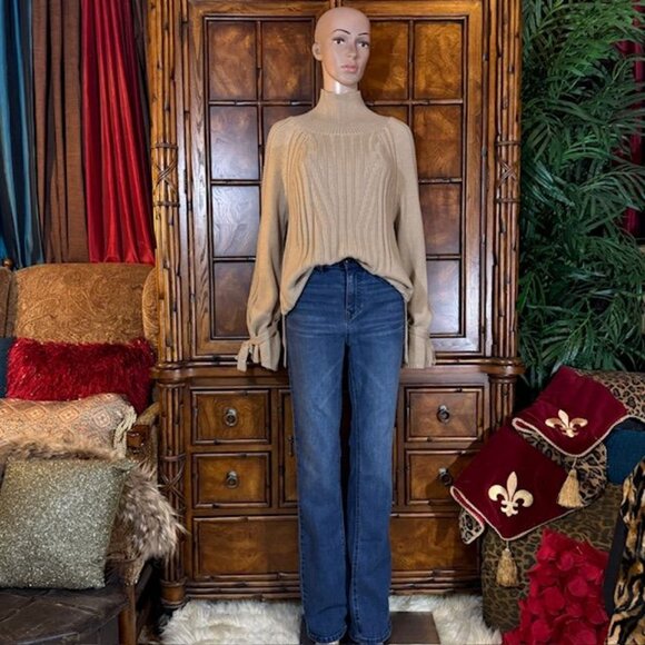 NWOT Bodilove Khaki Tan Cotton Blend Modern Cable Knit Tie Bow Sleeve Sweater - Picture 7 of 16